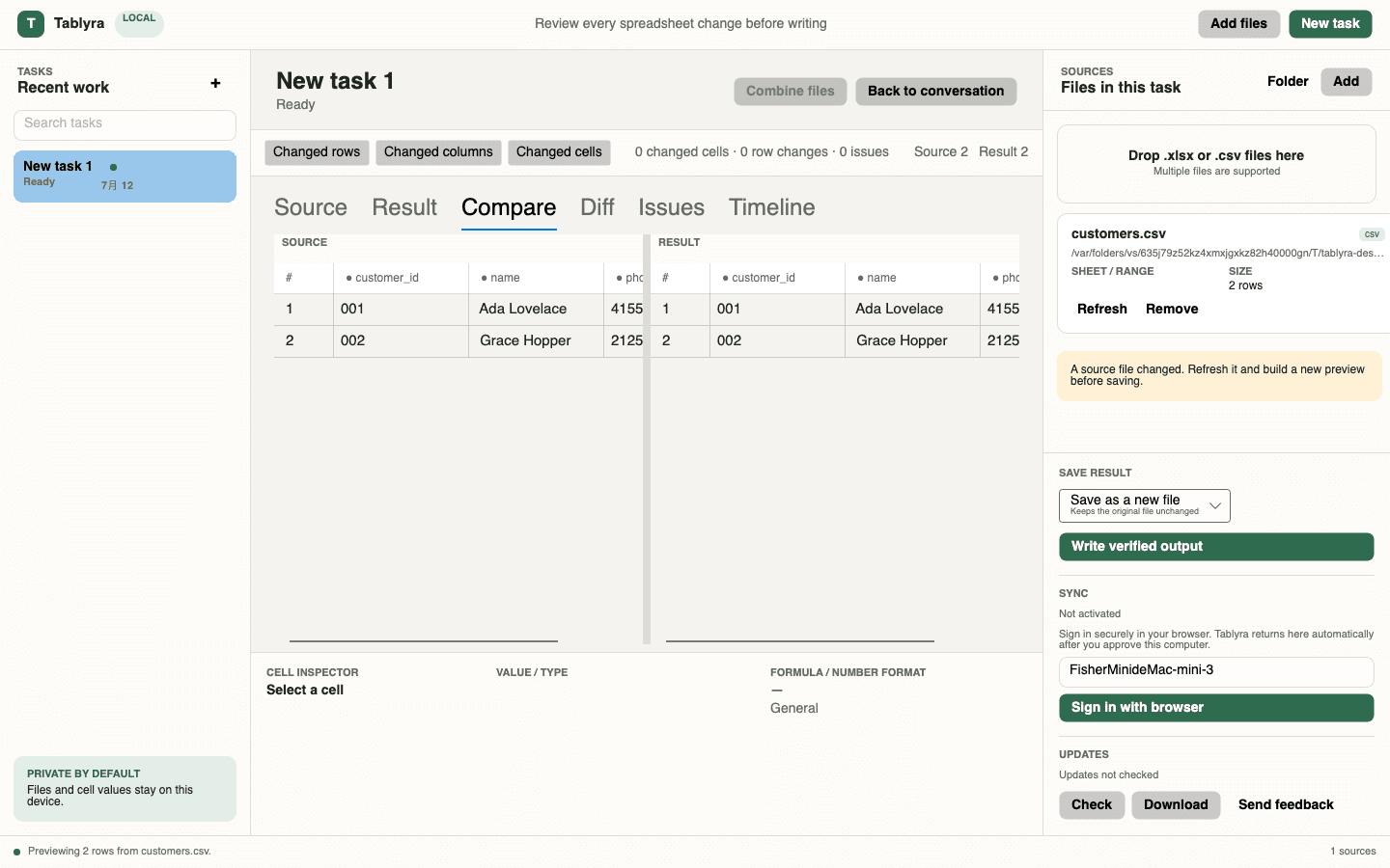 Tablyra desktop app showing files, editable steps, a result preview, and save options